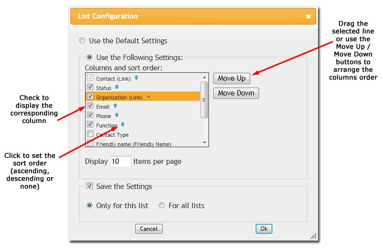 List Configuration Dialog