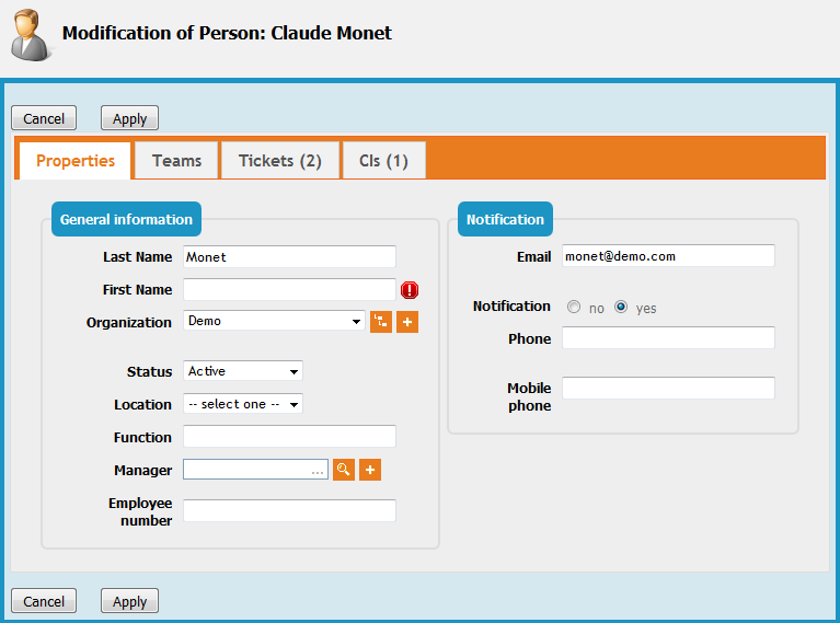 Form for modifying an Person