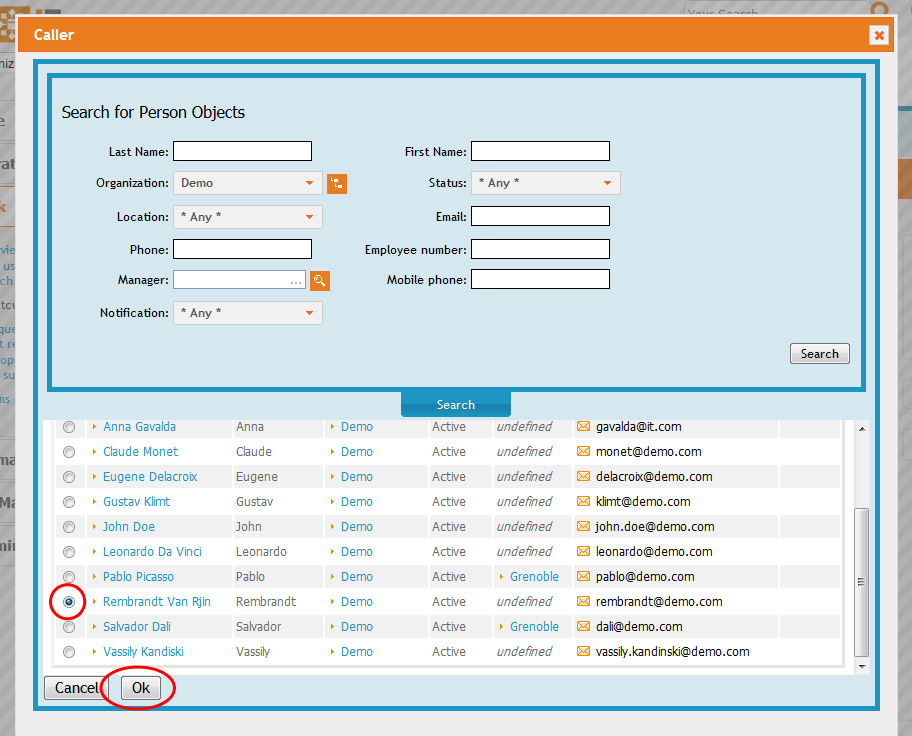 Popup dialog to search for Persons