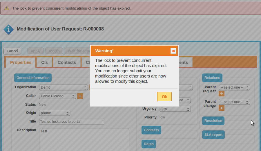 Lock lost, popup message