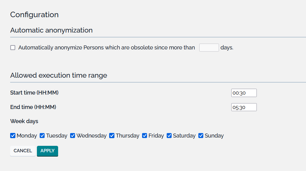 Configuration screen for the Automatic Anonymization