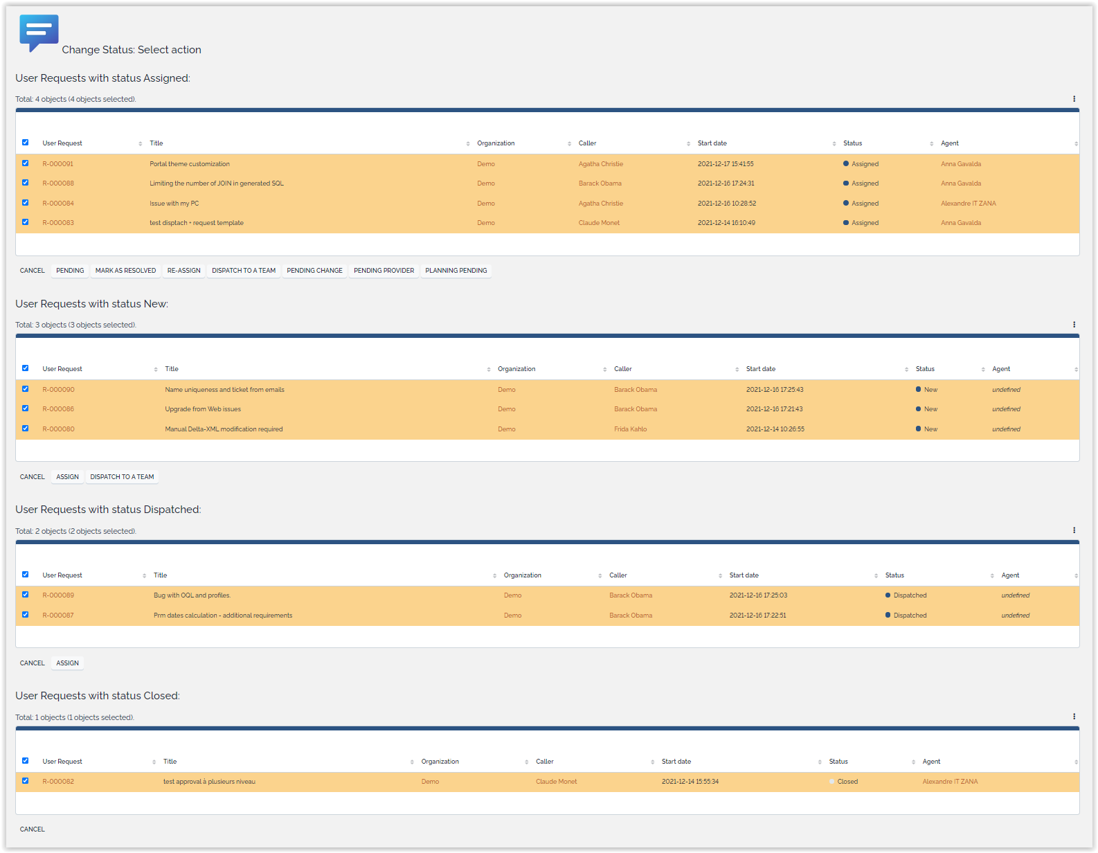 Tickets grouped by status